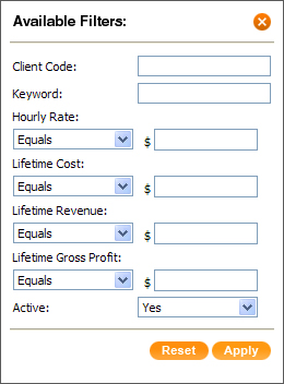 EnterYourHours.com Client Filter Form