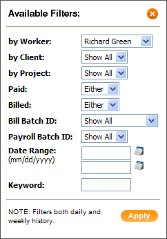 EnterYourHours.com Filter Form