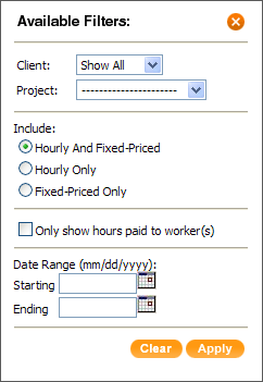 EnterYourHours.com Filter Form