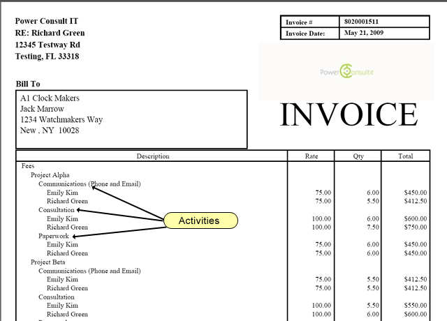 enteryourhours.com invoice broken down by activity